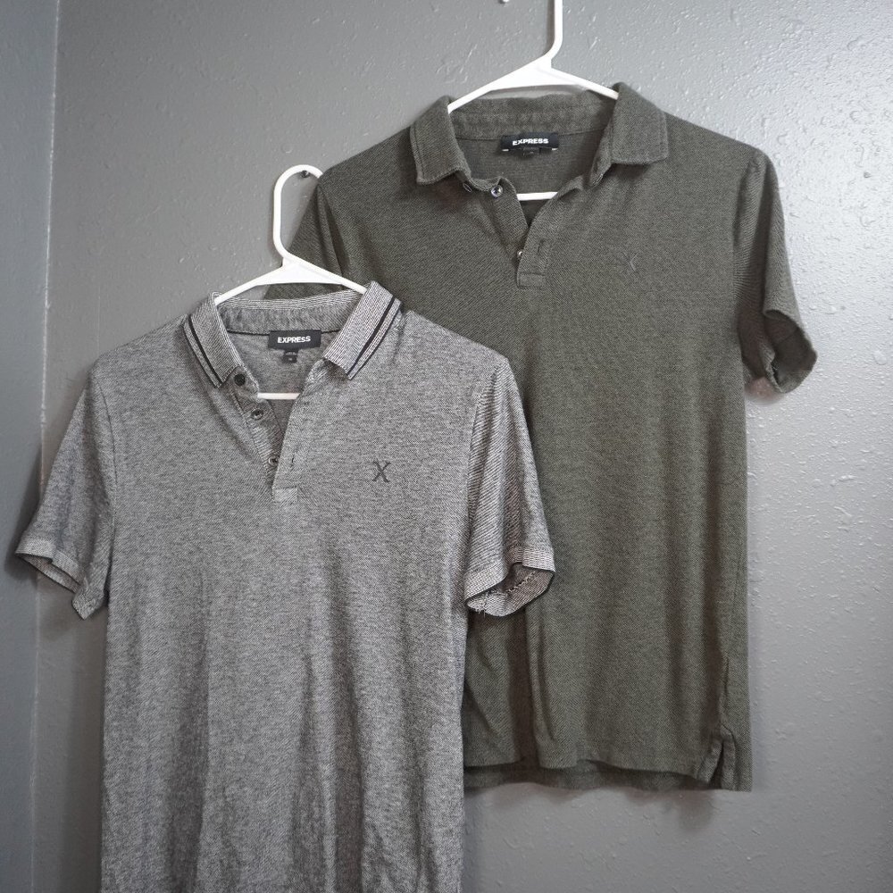 Express Men Grey Greenish Pique Bundle (2) Polo Short Sleeve Collar Luxe Size XS